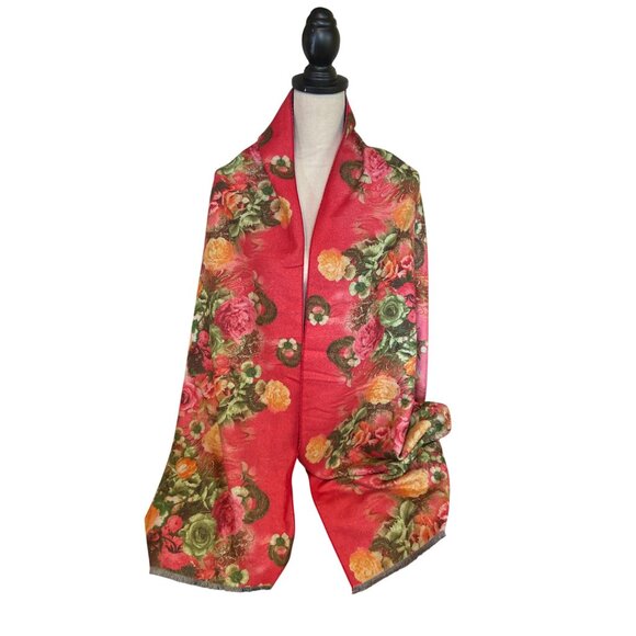 Womens Scarf Wrap Floral Rose Print Red Pink Fringe Edges - Picture 1 of 8